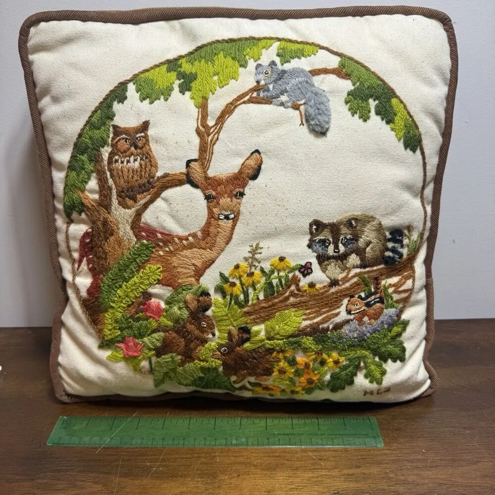 Vtg 70s Sunset Crewel Woodland Animal Throw Pillow Brown Corduroy Back Owl Fawn